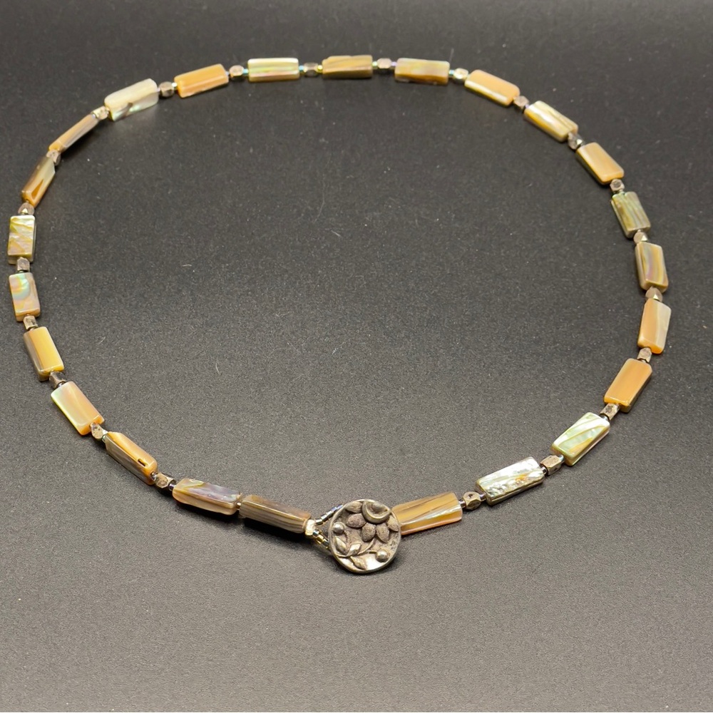 Vintage Artisan 18” Abalone & Bone Shell Necklace w/ Botanical Silver Clasp 🐚 - Picture 7 of 14